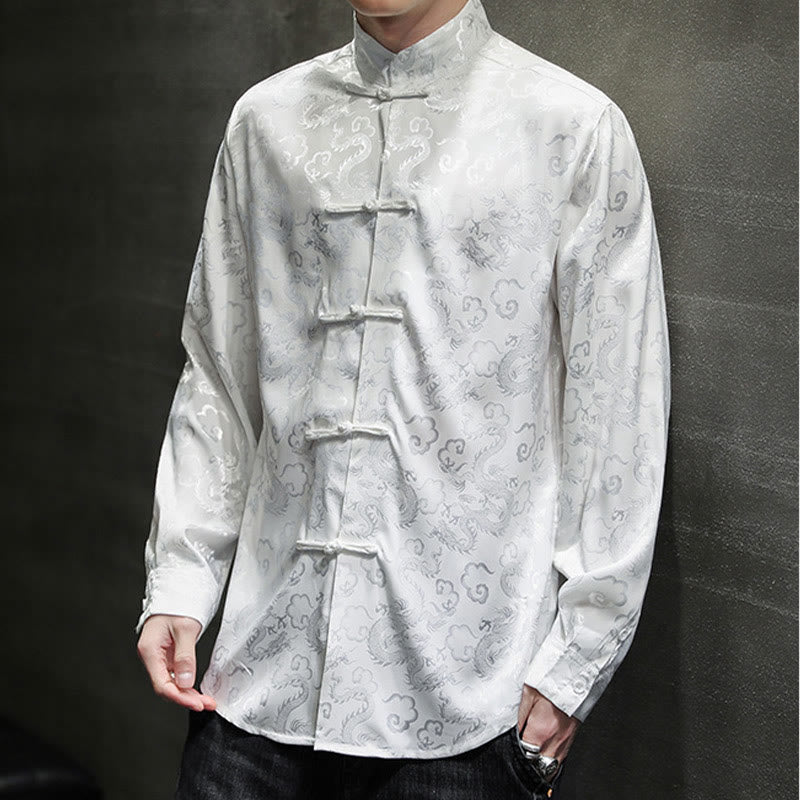 Buddha Stones Casual Dragon Pattern Żaba-guzik Tang Suit Lniana męska kurtka koszula - image 12