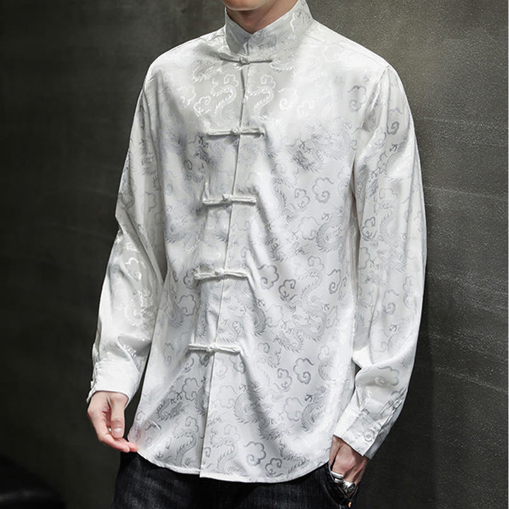 Buddha Stones Casual Dragon Pattern Żaba-guzik Tang Suit Lniana męska kurtka koszula - image 12