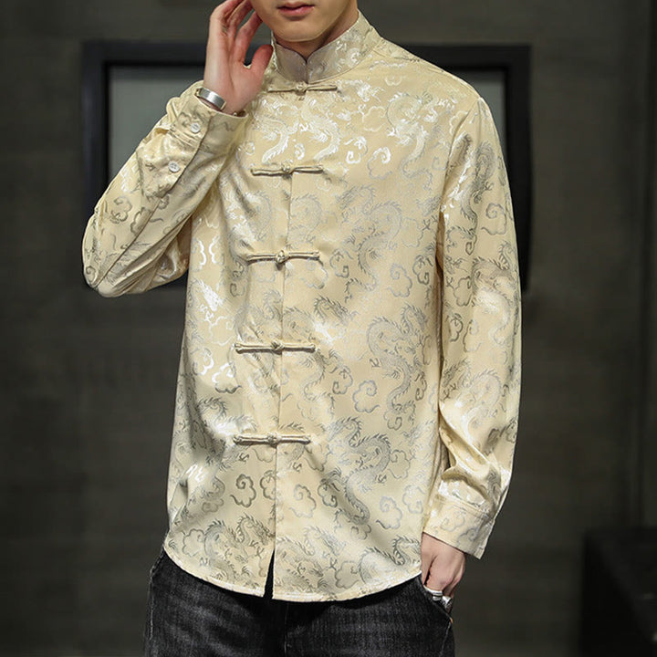 Buddha Stones Casual Dragon Pattern Żaba-guzik Tang Suit Lniana męska kurtka koszula - image 41