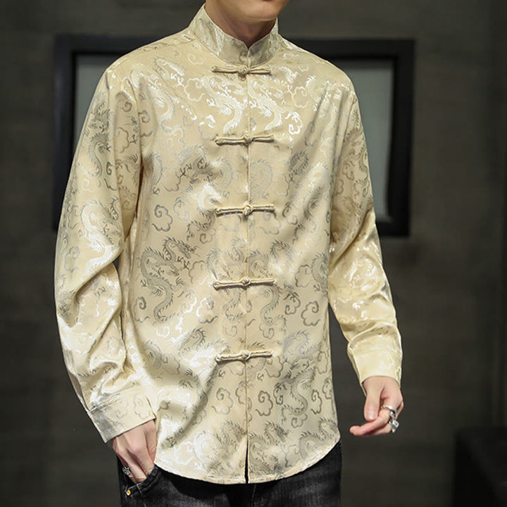 Buddha Stones Casual Dragon Pattern Żaba-guzik Tang Suit Lniana męska kurtka koszula - image 44