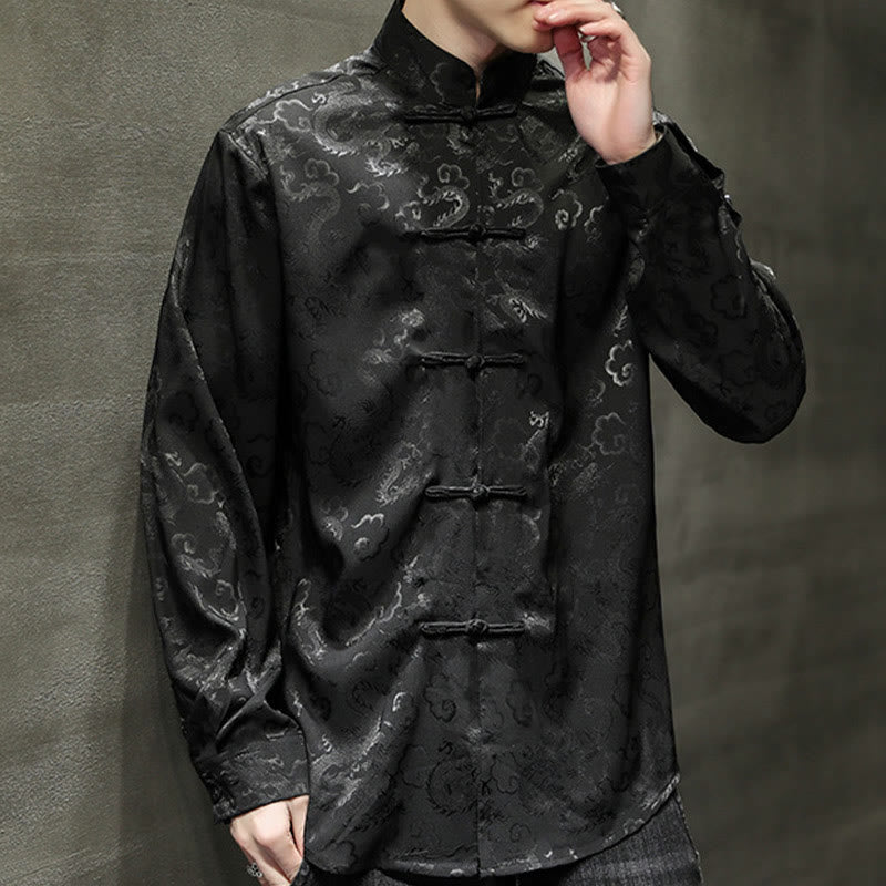 Buddha Stones Casual Dragon Pattern Żaba-guzik Tang Suit Lniana męska kurtka koszula - image 32