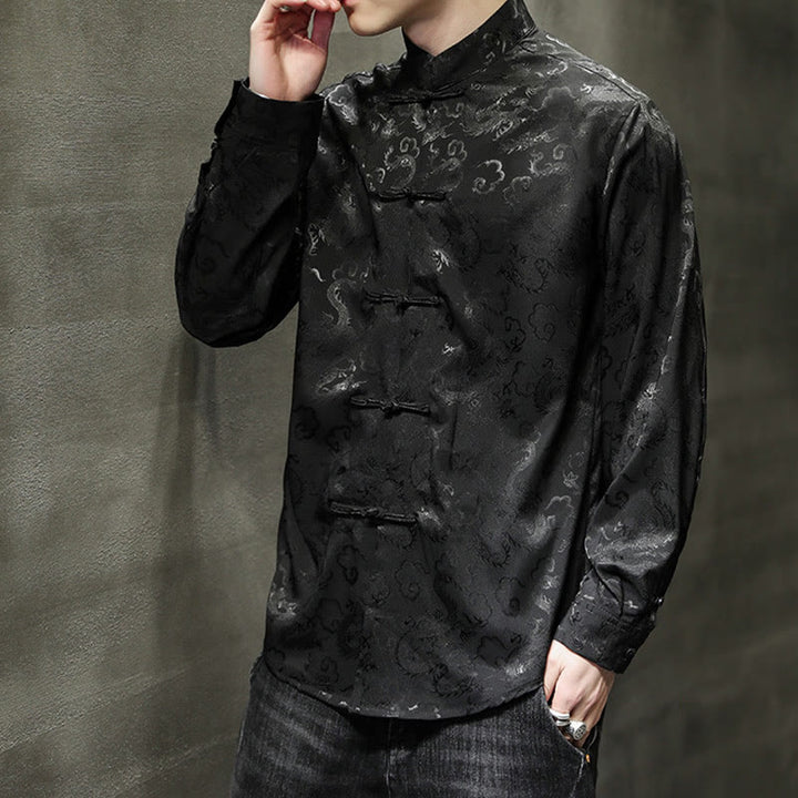 Buddha Stones Casual Dragon Pattern Żaba-guzik Tang Suit Lniana męska kurtka koszula - image 34