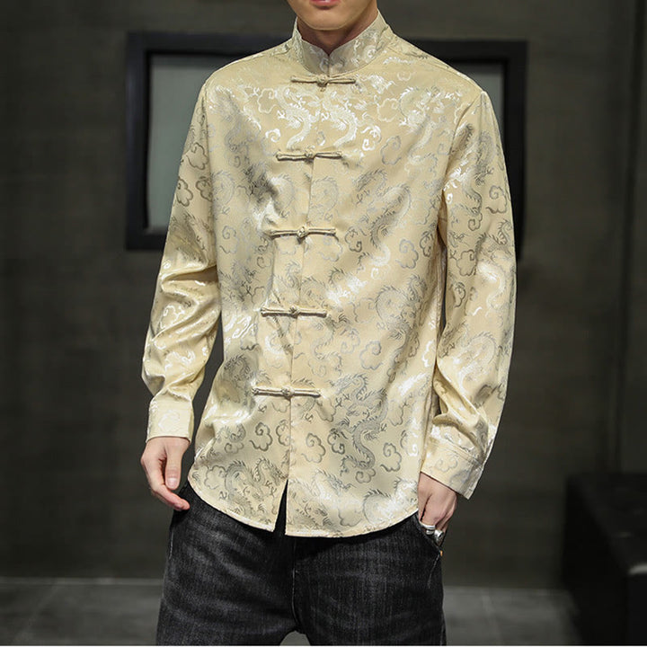 Buddha Stones Casual Dragon Pattern Żaba-guzik Tang Suit Lniana męska kurtka koszula - Khaki - US/UK/AU46， EU56 (5XL) - image 38