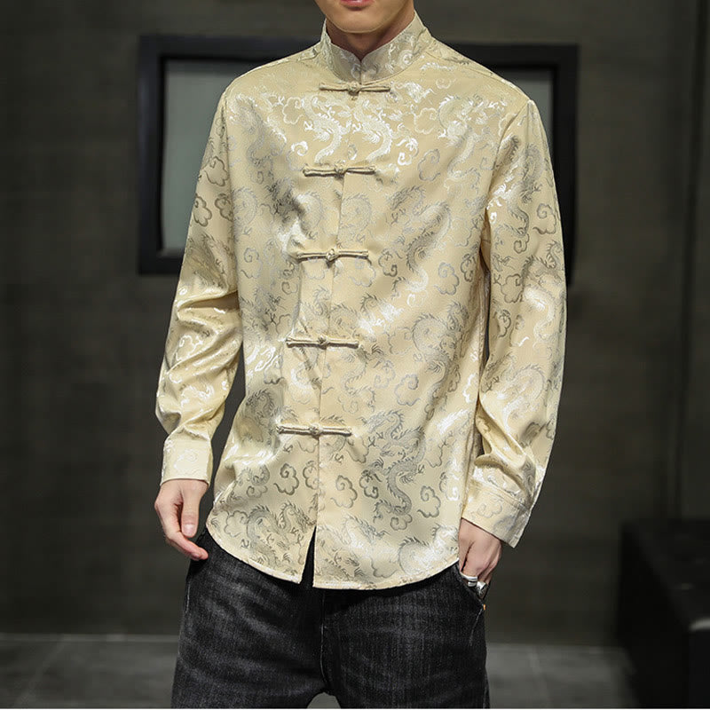 Buddha Stones Casual Dragon Pattern Żaba-guzik Tang Suit Lniana męska kurtka koszula - Khaki - US/UK/AU46， EU56 (5XL) - image 38