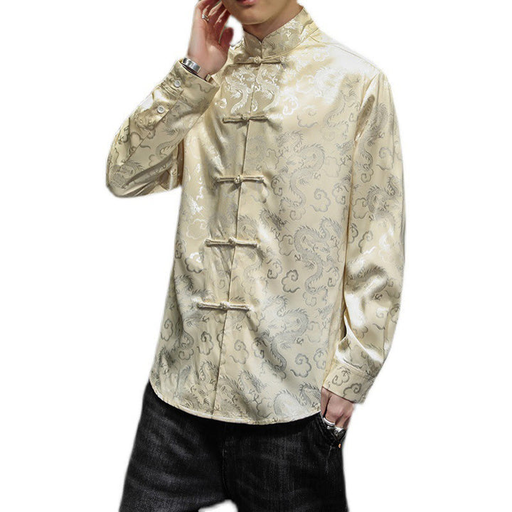Buddha Stones Casual Dragon Pattern Żaba-guzik Tang Suit Lniana męska kurtka koszula - image 46