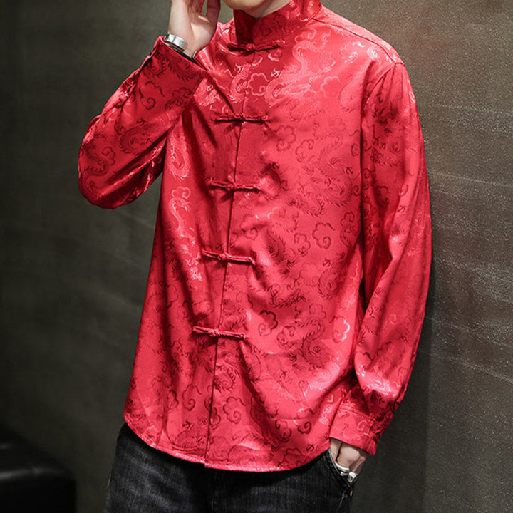 Buddha Stones Casual Dragon Pattern Żaba-guzik Tang Suit Lniana męska kurtka koszula - image 50