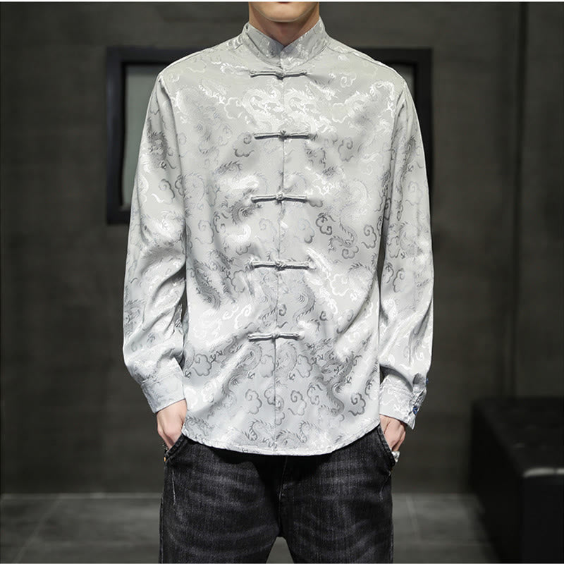 Buddha Stones Casual Dragon Pattern Żaba-guzik Tang Suit Lniana męska kurtka koszula - Srebrny - US/UK/AU46， EU56 (5XL) - image 22