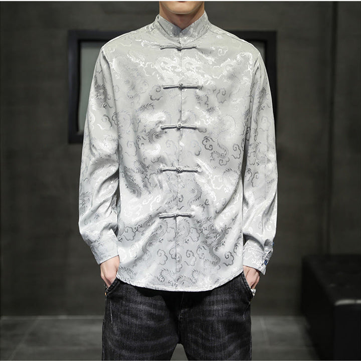 Buddha Stones Casual Dragon Pattern Żaba-guzik Tang Suit Lniana męska kurtka koszula - Srebrny - US/UK/AU46， EU56 (5XL) - image 22