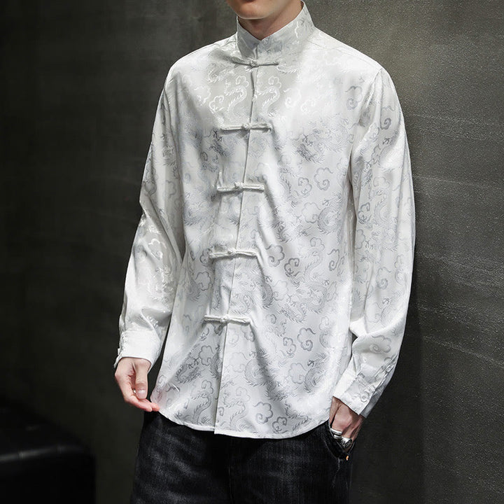 Buddha Stones Casual Dragon Pattern Żaba-guzik Tang Suit Lniana męska kurtka koszula - image 16