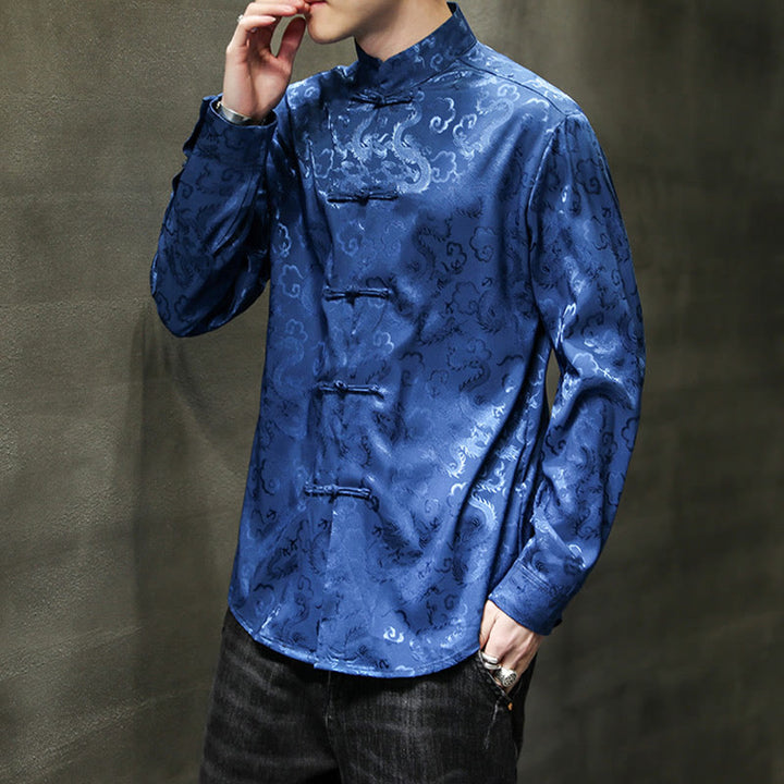 Buddha Stones Casual Dragon Pattern Żaba-guzik Tang Suit Lniana męska kurtka koszula - image 7