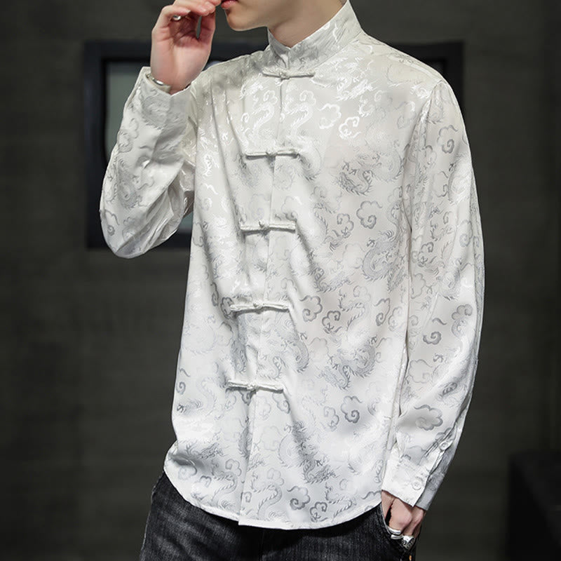 Buddha Stones Casual Dragon Pattern Żaba-guzik Tang Suit Lniana męska kurtka koszula - image 14