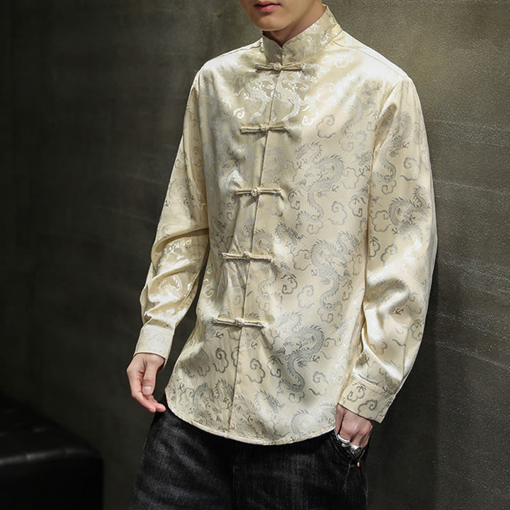 Buddha Stones Casual Dragon Pattern Żaba-guzik Tang Suit Lniana męska kurtka koszula - image 43