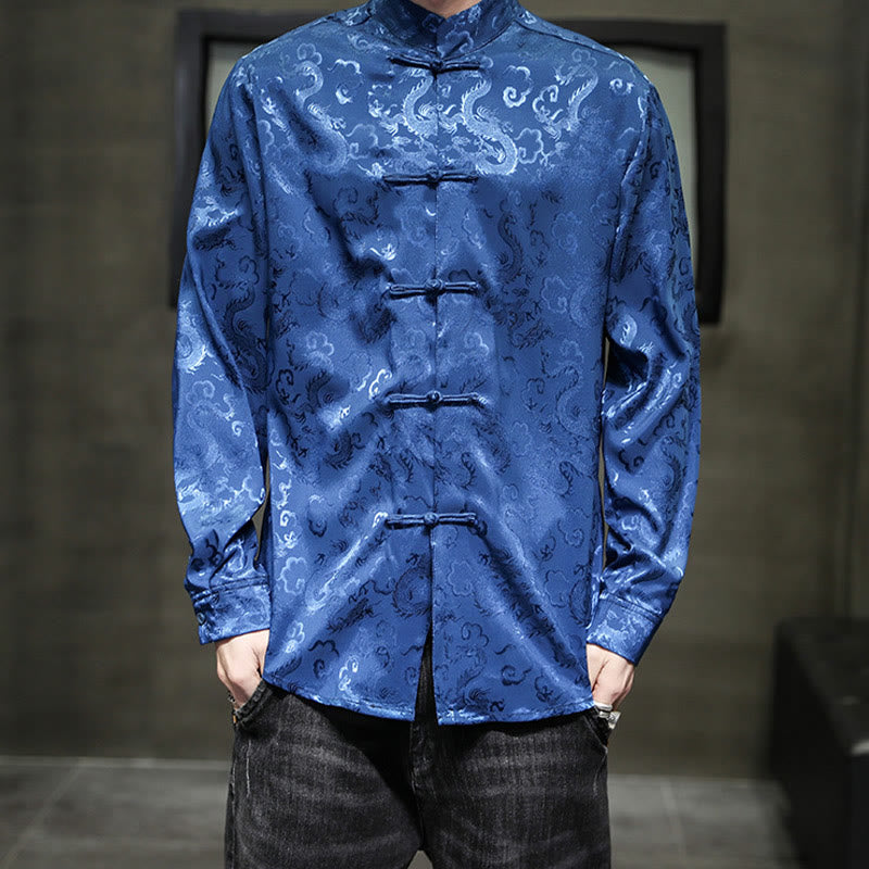 Buddha Stones Casual Dragon Pattern Żaba-guzik Tang Suit Lniana męska kurtka koszula - image 1