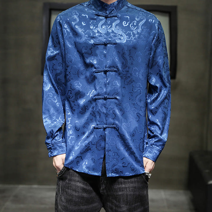 Buddha Stones Casual Dragon Pattern Żaba-guzik Tang Suit Lniana męska kurtka koszula - image 1