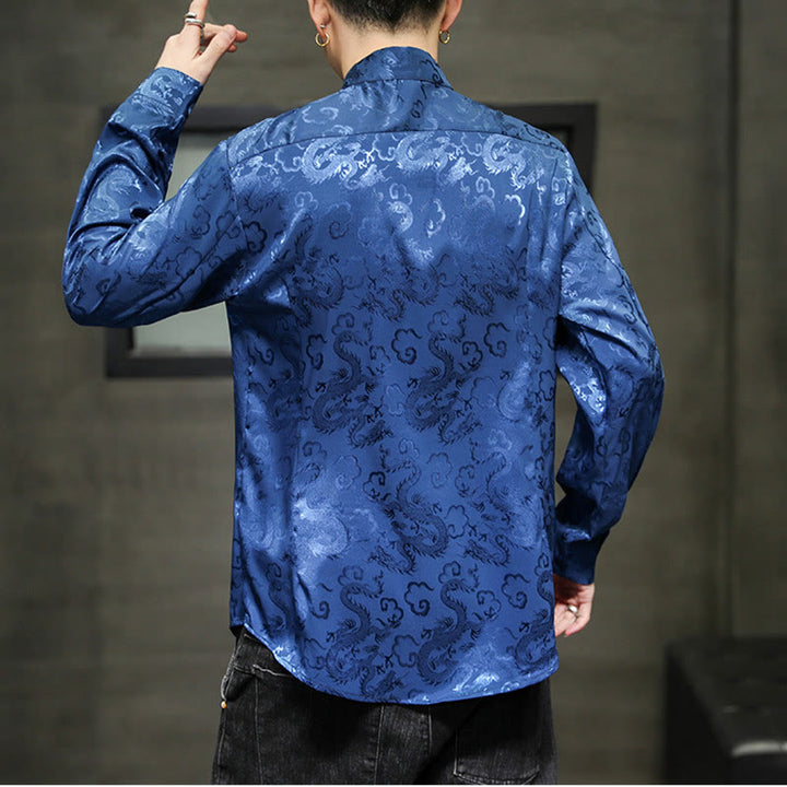 Buddha Stones Casual Dragon Pattern Żaba-guzik Tang Suit Lniana męska kurtka koszula - image 4