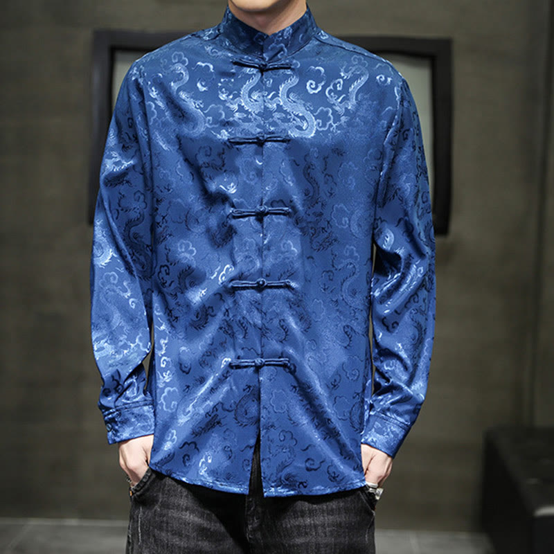 Buddha Stones Casual Dragon Pattern Żaba-guzik Tang Suit Lniana męska kurtka koszula - Niebieski - US/UK/AU46， EU56 (5XL) - image 0