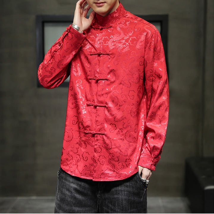 Buddha Stones Casual Dragon Pattern Żaba-guzik Tang Suit Lniana męska kurtka koszula - image 52