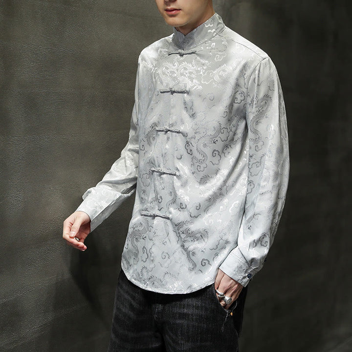 Buddha Stones Casual Dragon Pattern Żaba-guzik Tang Suit Lniana męska kurtka koszula - image 28
