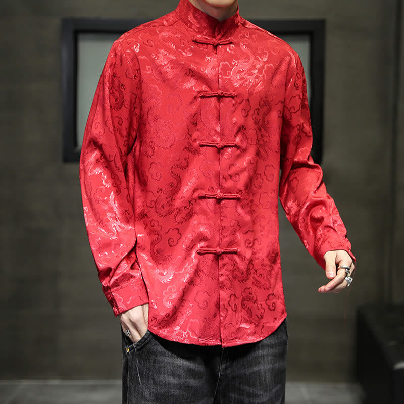 Buddha Stones Casual Dragon Pattern Żaba-guzik Tang Suit Lniana męska kurtka koszula - image 48