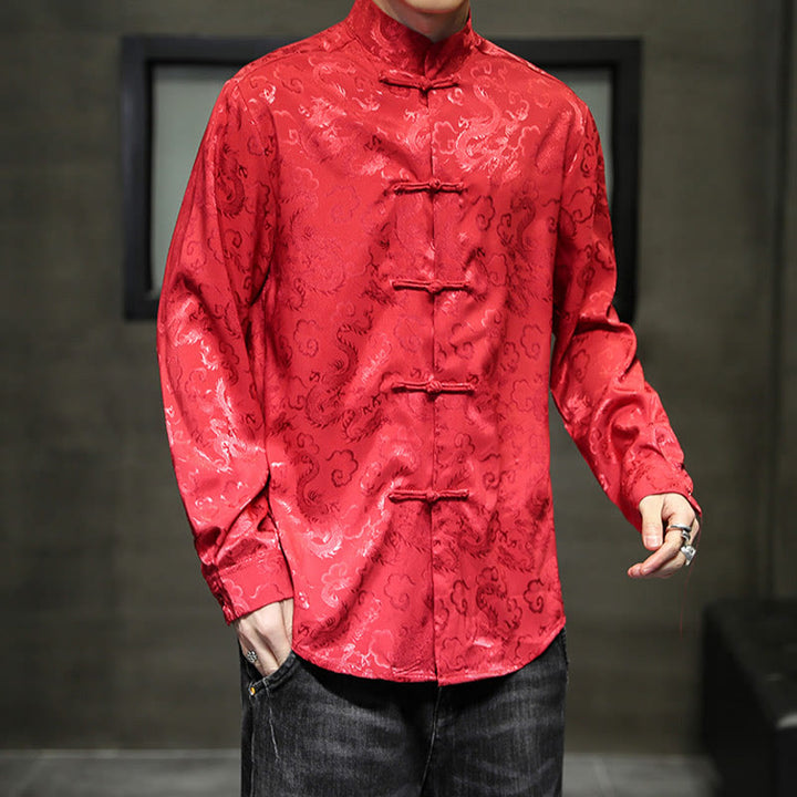 Buddha Stones Casual Dragon Pattern Żaba-guzik Tang Suit Lniana męska kurtka koszula - image 48