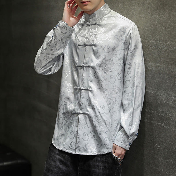 Buddha Stones Casual Dragon Pattern Żaba-guzik Tang Suit Lniana męska kurtka koszula - image 23