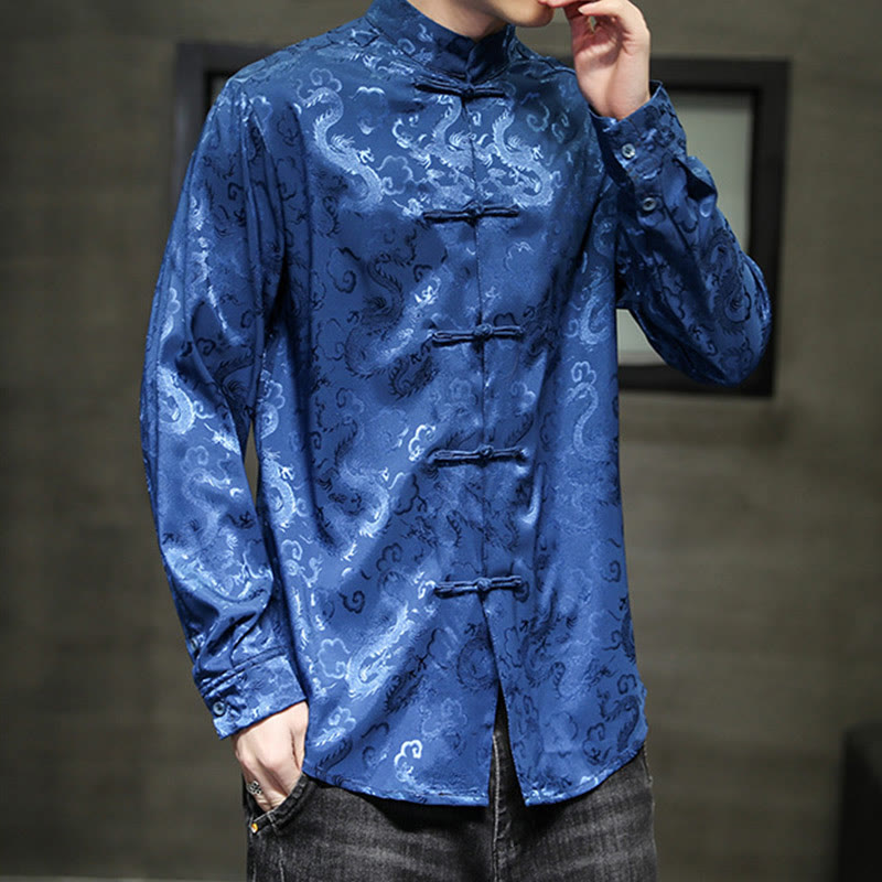 Buddha Stones Casual Dragon Pattern Żaba-guzik Tang Suit Lniana męska kurtka koszula - image 3
