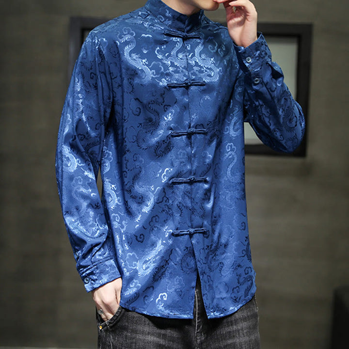 Buddha Stones Casual Dragon Pattern Żaba-guzik Tang Suit Lniana męska kurtka koszula - image 3