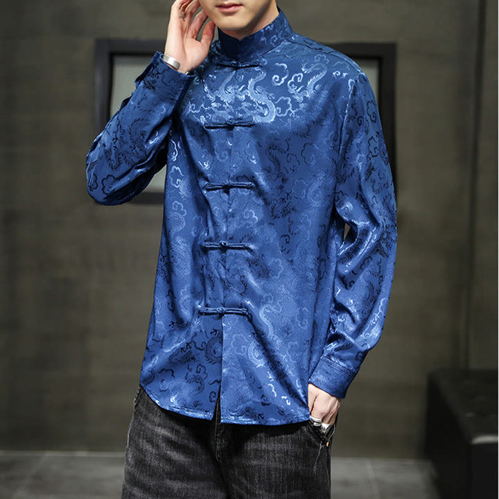 Buddha Stones Casual Dragon Pattern Żaba-guzik Tang Suit Lniana męska kurtka koszula - image 6