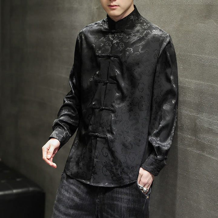 Buddha Stones Casual Dragon Pattern Żaba-guzik Tang Suit Lniana męska kurtka koszula - image 33