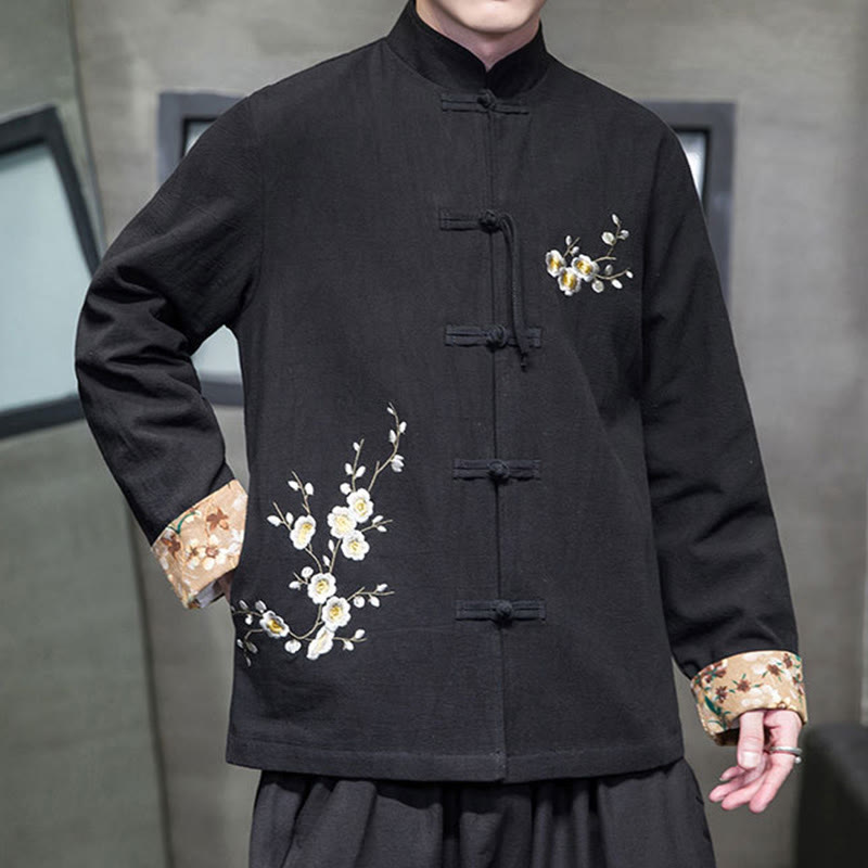 Buddha Stones Plum Blossom Haft Mankiet Kwiatowy Wzór Żaba-guzik Garnitur Tang Bawełna Len Męska Kurtka Koszula  - image 5