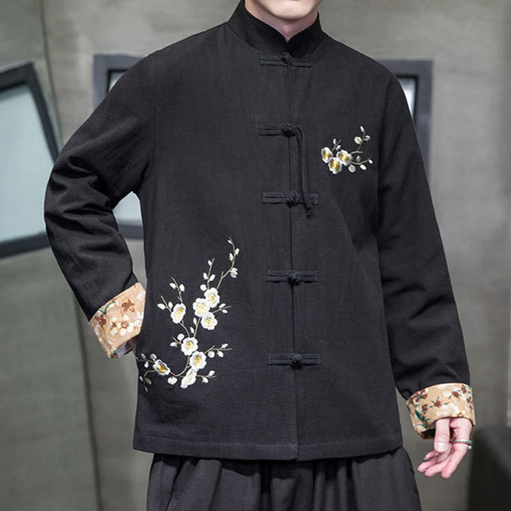 Buddha Stones Plum Blossom Haft Mankiet Kwiatowy Wzór Żaba-guzik Garnitur Tang Bawełna Len Męska Kurtka Koszula  - image 5