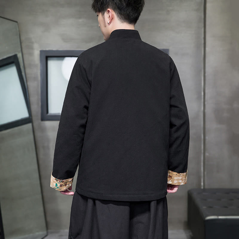 Buddha Stones Plum Blossom Haft Mankiet Kwiatowy Wzór Żaba-guzik Garnitur Tang Bawełna Len Męska Kurtka Koszula  - image 4