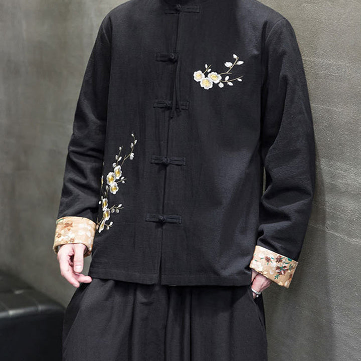 Buddha Stones Plum Blossom Haft Mankiet Kwiatowy Wzór Żaba-guzik Garnitur Tang Bawełna Len Męska Kurtka Koszula  - image 6