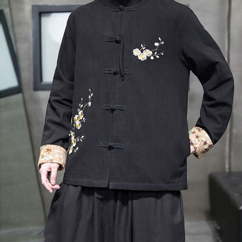 Buddha Stones Plum Blossom Haft Mankiet Kwiatowy Wzór Żaba-guzik Garnitur Tang Bawełna Len Męska Kurtka Koszula  - image 2