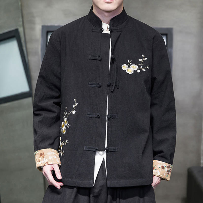 Buddha Stones Plum Blossom Haft Mankiet Kwiatowy Wzór Żaba-guzik Garnitur Tang Bawełna Len Męska Kurtka Koszula  - Czarny - US/UK/AU46， EU56 (5XL) - image 1