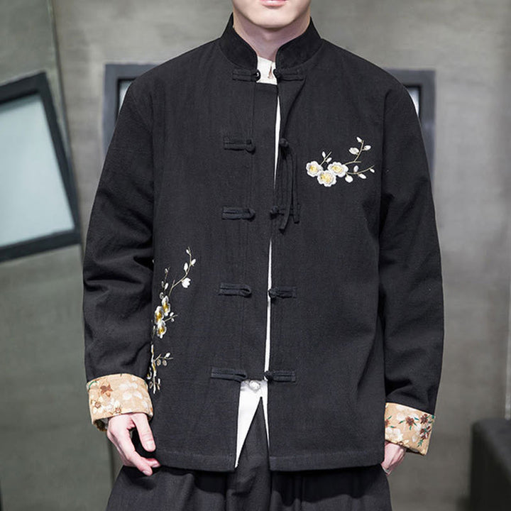 Buddha Stones Plum Blossom Haft Mankiet Kwiatowy Wzór Żaba-guzik Garnitur Tang Bawełna Len Męska Kurtka Koszula  - Czarny - US/UK/AU46， EU56 (5XL) - image 1