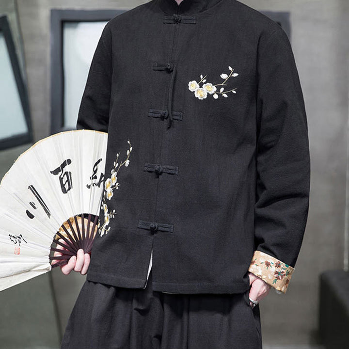 Buddha Stones Plum Blossom Haft Mankiet Kwiatowy Wzór Żaba-guzik Garnitur Tang Bawełna Len Męska Kurtka Koszula  - image 3