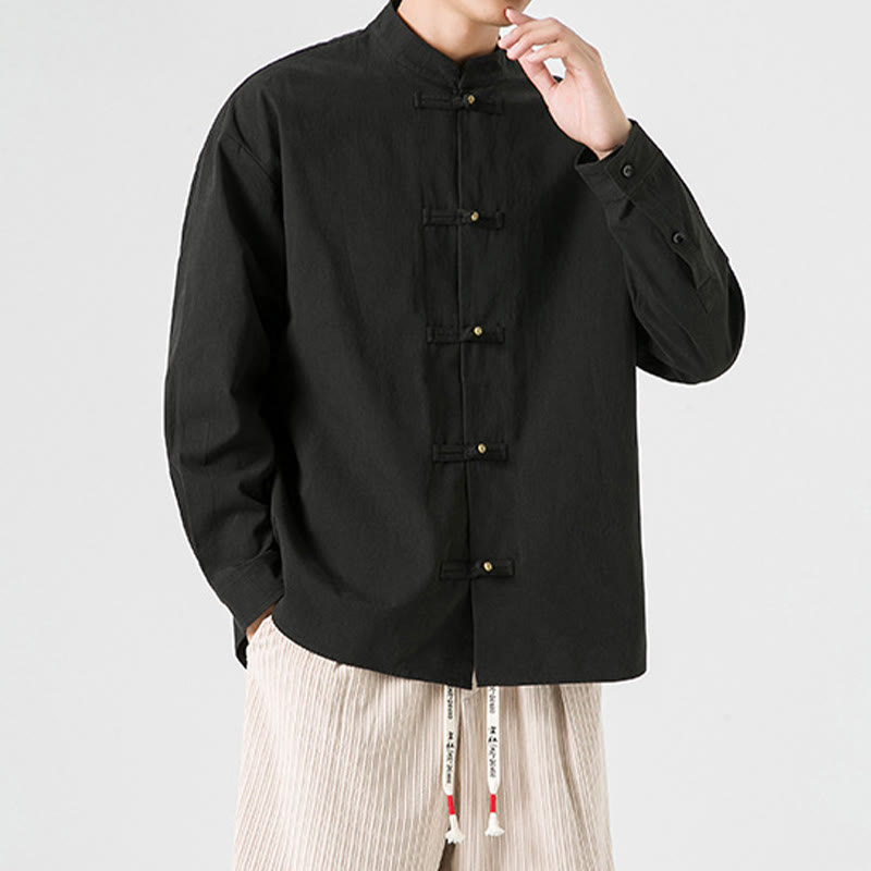 Buddha Stones Jednokolorowa Żabka-guzik Tang Suit Bawełniana męska kurtka Koszula  - image 7