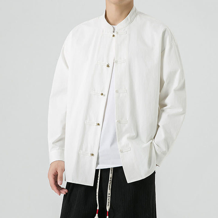 Buddha Stones Jednokolorowa Żabka-guzik Tang Suit Bawełniana męska kurtka Koszula  - image 12