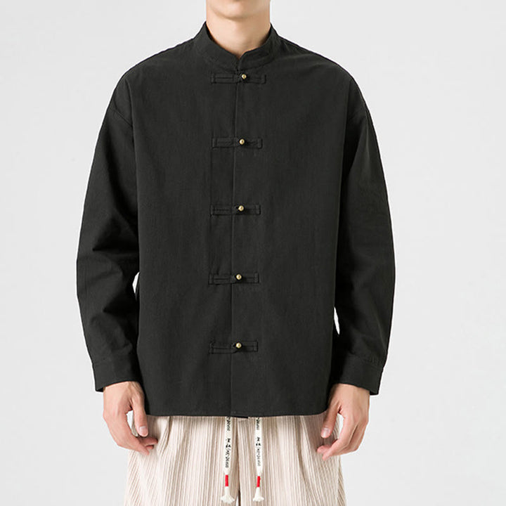Buddha Stones Jednokolorowa Żabka-guzik Tang Suit Bawełniana męska kurtka Koszula  - Czarny - US/UK/AU46， EU56 (5XL) - image 0