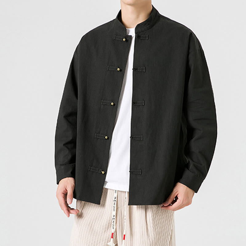 Buddha Stones Jednokolorowa Żabka-guzik Tang Suit Bawełniana męska kurtka Koszula  - image 3