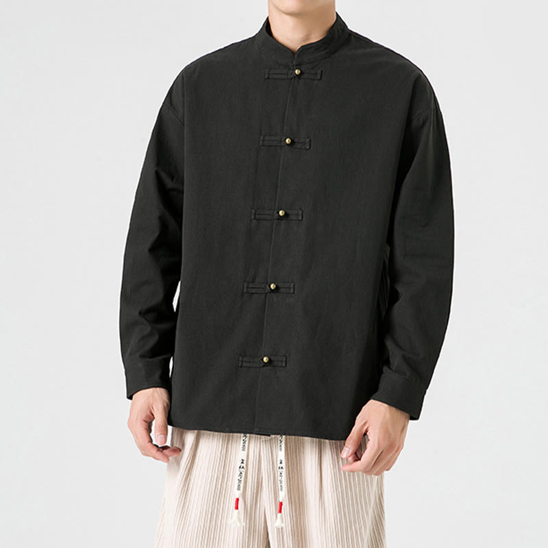 Buddha Stones Jednokolorowa Żabka-guzik Tang Suit Bawełniana męska kurtka Koszula  - image 1