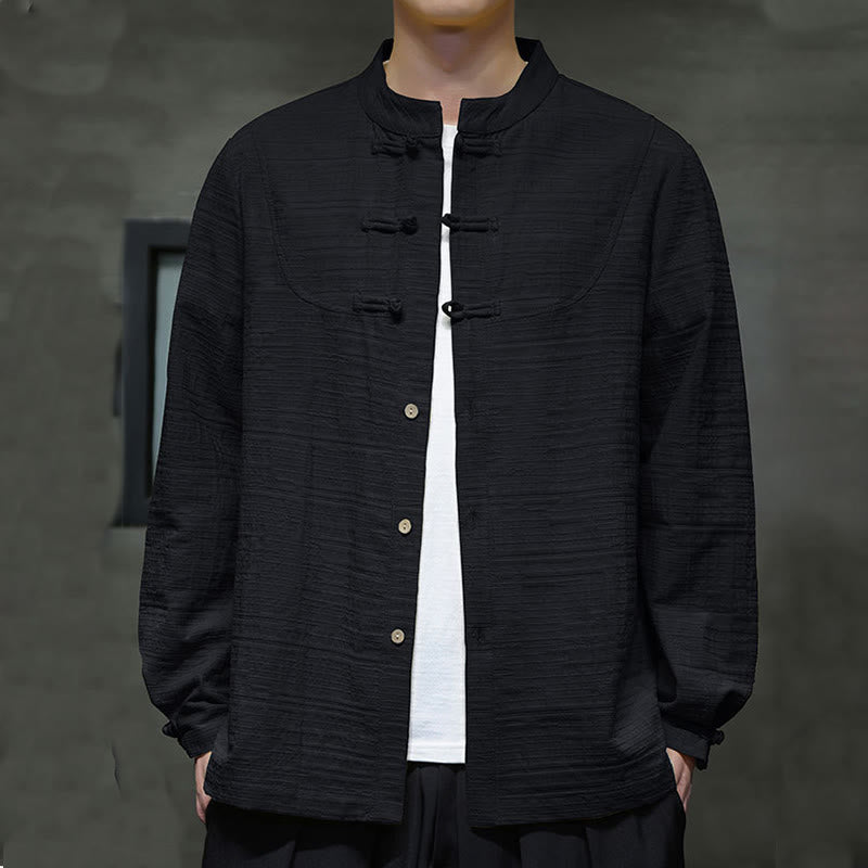 Buddha Stones Jednokolorowy Pół Żabka-guzik Garnitur Tang Bawełna Lniana Męska Kurtka Koszula  - Czarny - US/UK/AU46， EU56 (5XL) - image 20