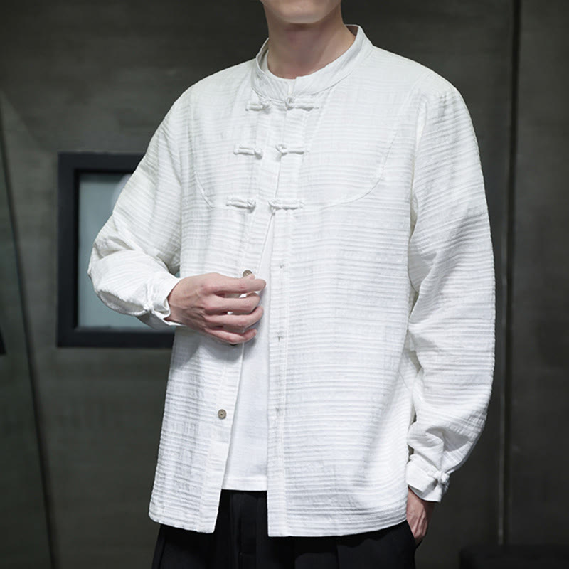Buddha Stones Jednokolorowy Pół Żabka-guzik Garnitur Tang Bawełna Lniana Męska Kurtka Koszula  - Biały - US/UK/AU46， EU56 (5XL) - image 8