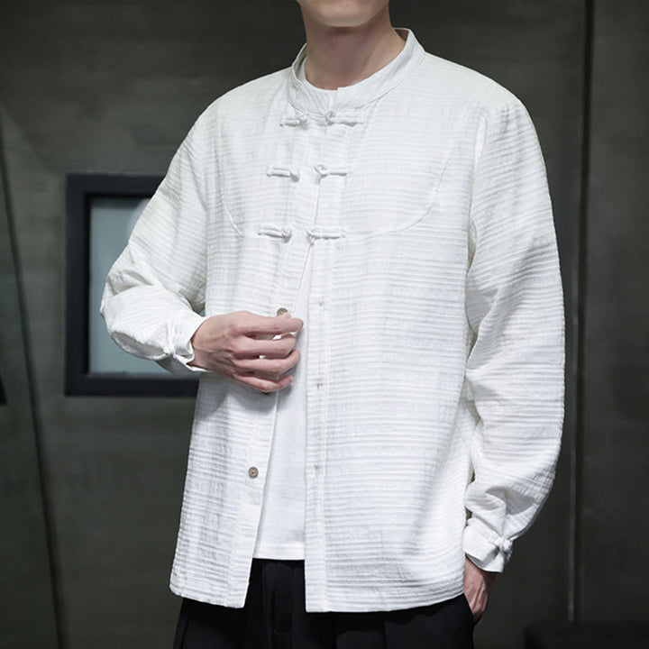 Buddha Stones Jednokolorowy Pół Żabka-guzik Garnitur Tang Bawełna Lniana Męska Kurtka Koszula  - Biały - US/UK/AU46， EU56 (5XL) - image 8