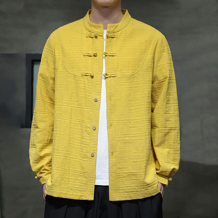 Buddha Stones Jednokolorowy Pół Żabka-guzik Garnitur Tang Bawełna Lniana Męska Kurtka Koszula  - Żółty - US/UK/AU46， EU56 (5XL) - image 24