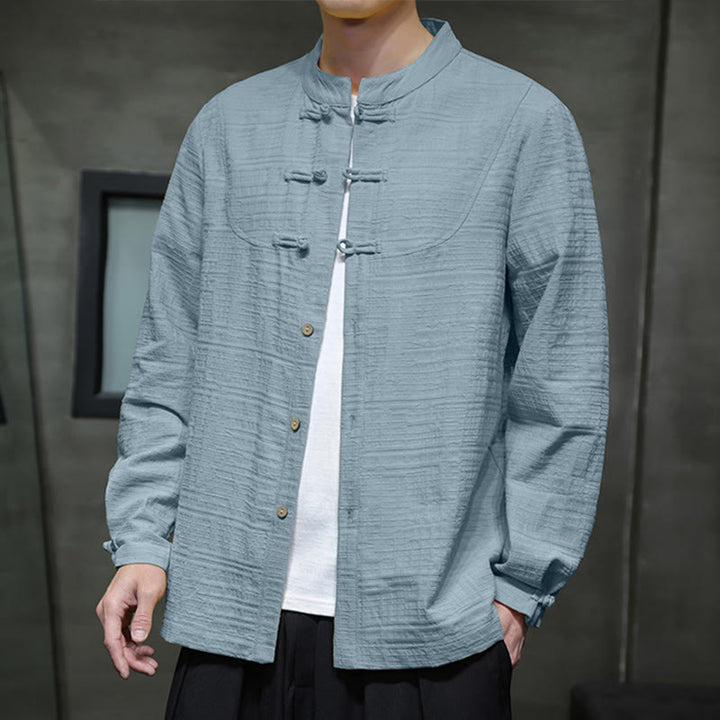 Buddha Stones Jednokolorowy Pół Żabka-guzik Garnitur Tang Bawełna Lniana Męska Kurtka Koszula  - CadetBlue - US/UK/AU46， EU56 (5XL) - image 0