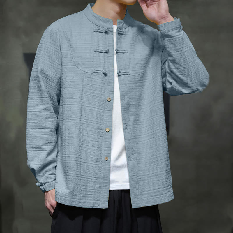 Buddha Stones Jednokolorowy Pół Żabka-guzik Garnitur Tang Bawełna Lniana Męska Kurtka Koszula  - image 2