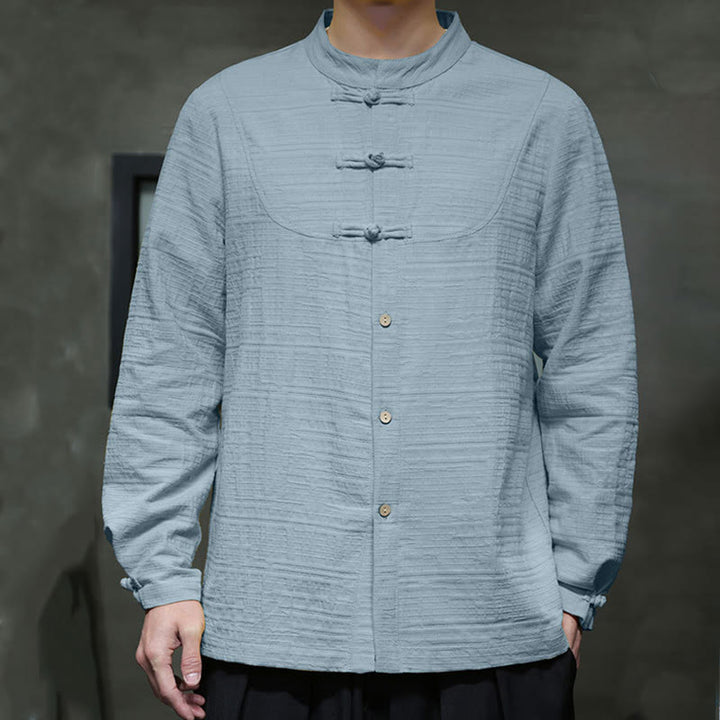 Buddha Stones Jednokolorowy Pół Żabka-guzik Garnitur Tang Bawełna Lniana Męska Kurtka Koszula  - image 5