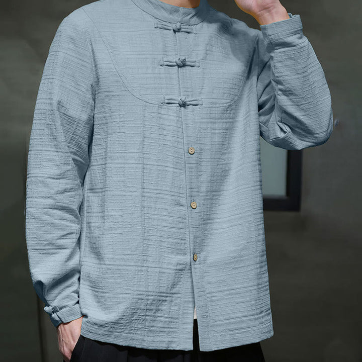 Buddha Stones Jednokolorowy Pół Żabka-guzik Garnitur Tang Bawełna Lniana Męska Kurtka Koszula  - image 4